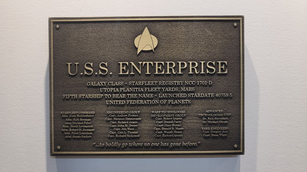 Star Trek USS Enterprise D Dedication plaque replica