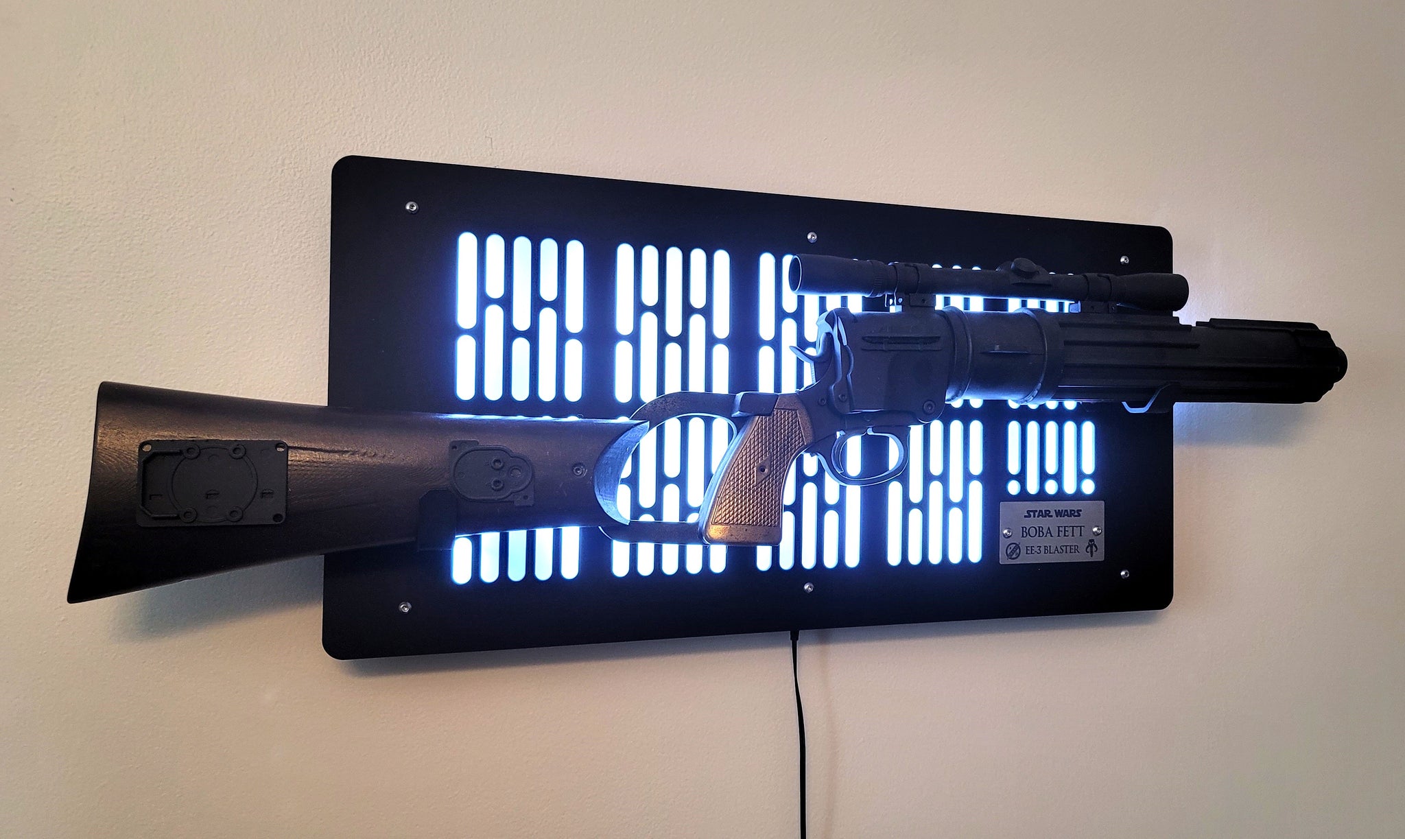 Boba Fett EE 3 blaster wallmount Display stand with LED lights and ide QuestDesignCanada