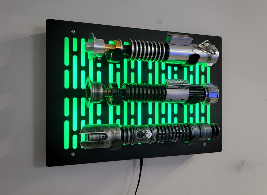 black finish triple Lightsaber wallmount Display stand with LED lights