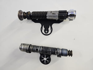 metal wallmount lightsaber bracket with jedi or sith logo