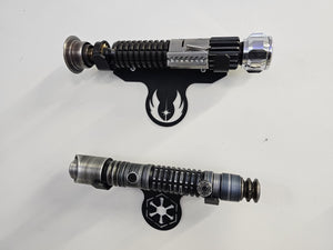 metal wallmount lightsaber bracket with jedi or sith logo