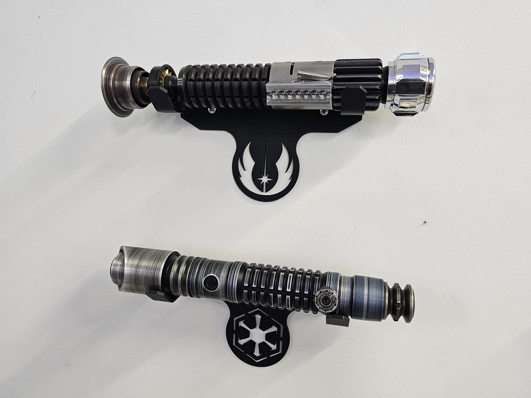 metal wallmount lightsaber bracket with jedi or sith logo