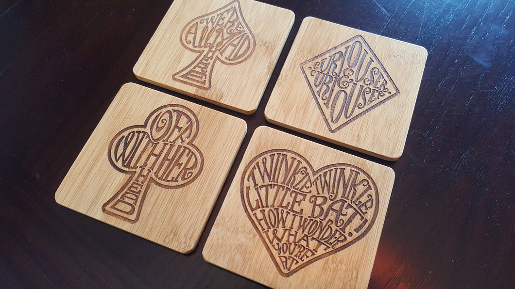 set of 4 ALICE IN WONDERLAND themed bamboo coasters