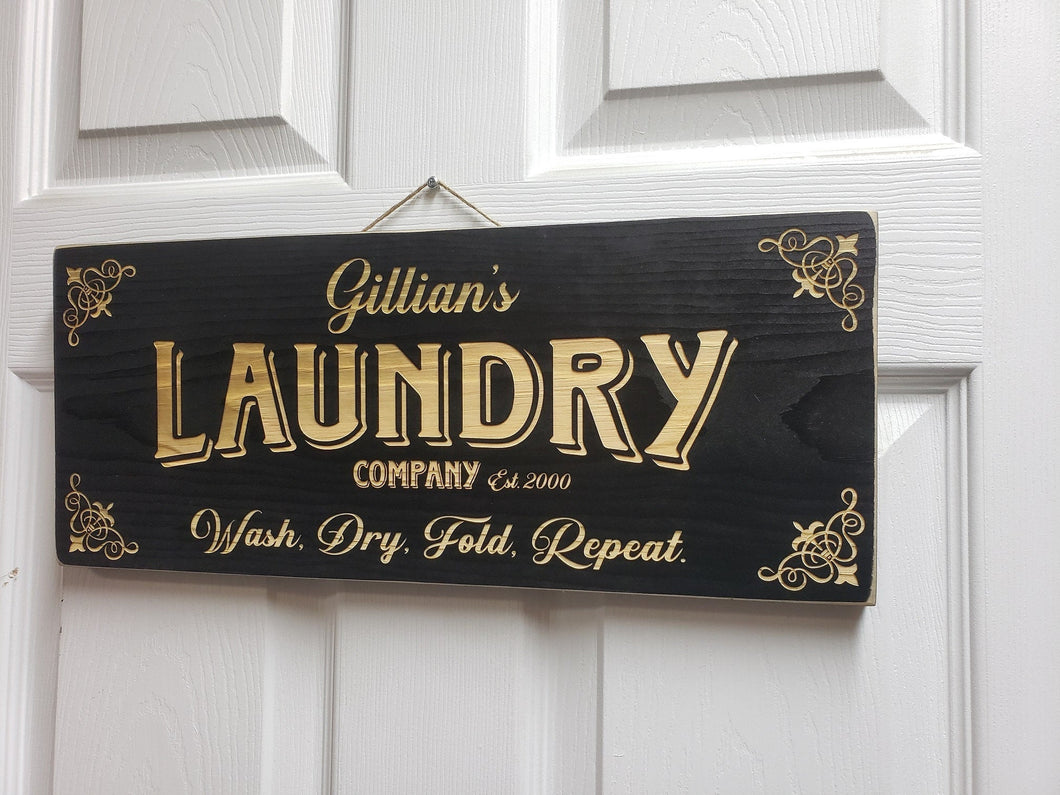Customizable Laundry room wood door sign wash dry fold repeat